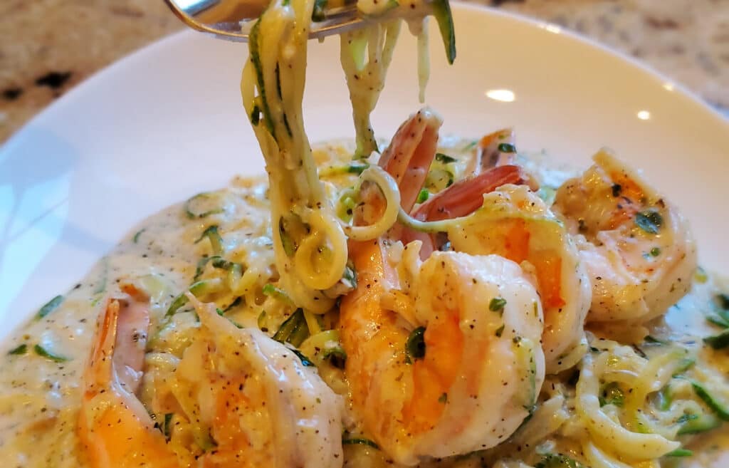 shrimp alfredo zoodles fork