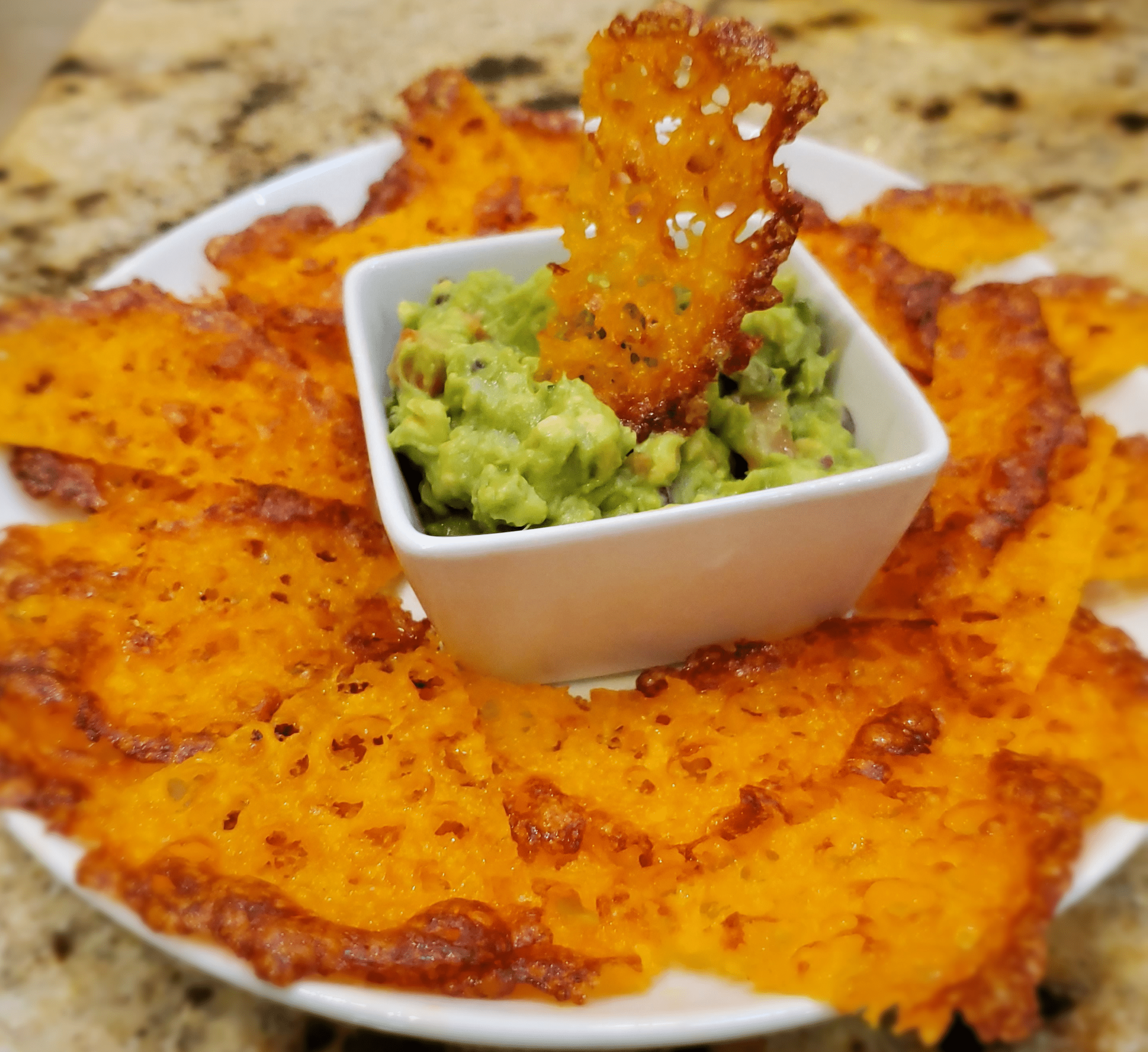 Guacamole with Crispy Keto Cheddar Cheese Chips