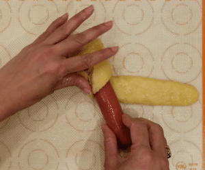 keto pretzel dog diagonal wrap